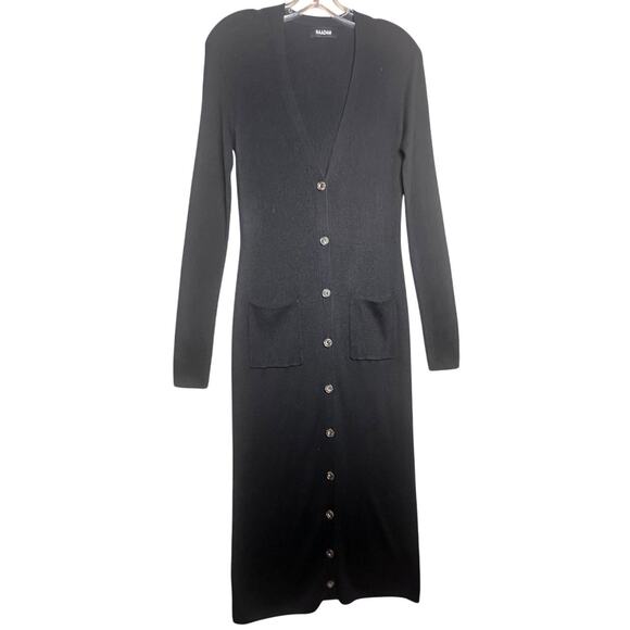 Naadam Cashmere Silk Black Sweater Dress Longline Cardigan Womens M Pockets Luce - Picture 1 of 16
